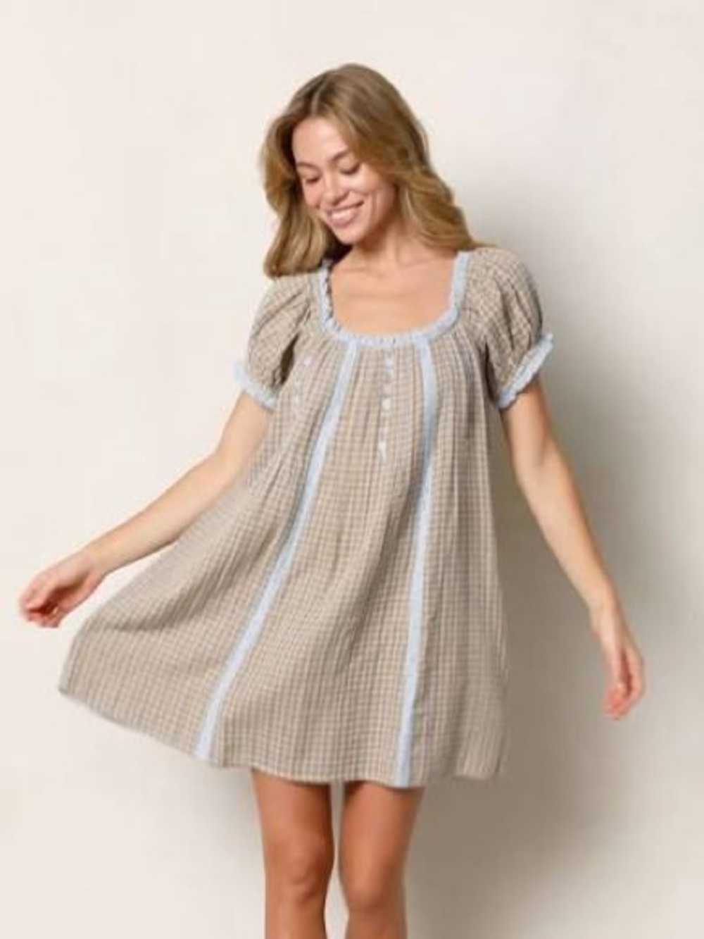 Natural Life Indy Tunic GinghamDress in Tan with Blue Trim-XL NWOT - Picture 2 of 7